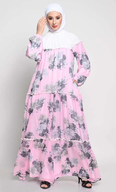 Cozy Fit Wear Stylish Chiffon Printed Abaya with Contrast Yoke and Pom Pom Lace Details Cozy Fit Wear Stylish Chiffon Printed Abaya with Contrast Yoke and Pom Pom Lace Details