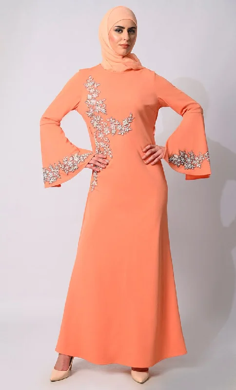 Personalized Design Pearls of Elegance: Stone Handwork Peach Abaya with Belt and Hijab Personalized Design Pearls of Elegance: Stone Handwork Peach Abaya with Belt and Hijab