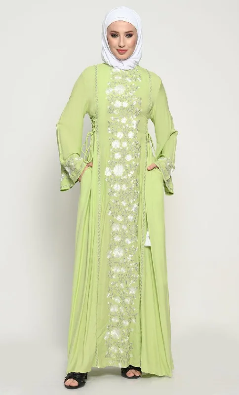 Fashion Pioneer Sophisticated Rayon A-Line Abaya with Full-Length Floral Embroidery and Adjustable Side Ties Fashion Pioneer Sophisticated Rayon A-Line Abaya with Full-Length Floral Embroidery and Adjustable Side Ties