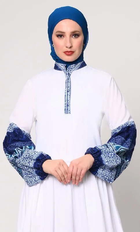 Luxe Comfort Mystic Bloom: Printed White Abaya with Low Waist Gathers and Pockets