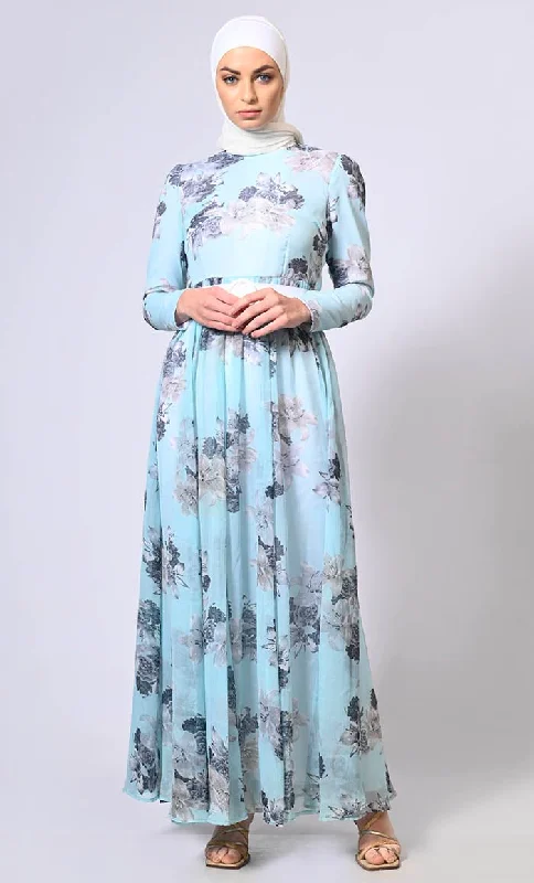 Street Letter Style Women's Blue Printed Flared Abaya With Belt