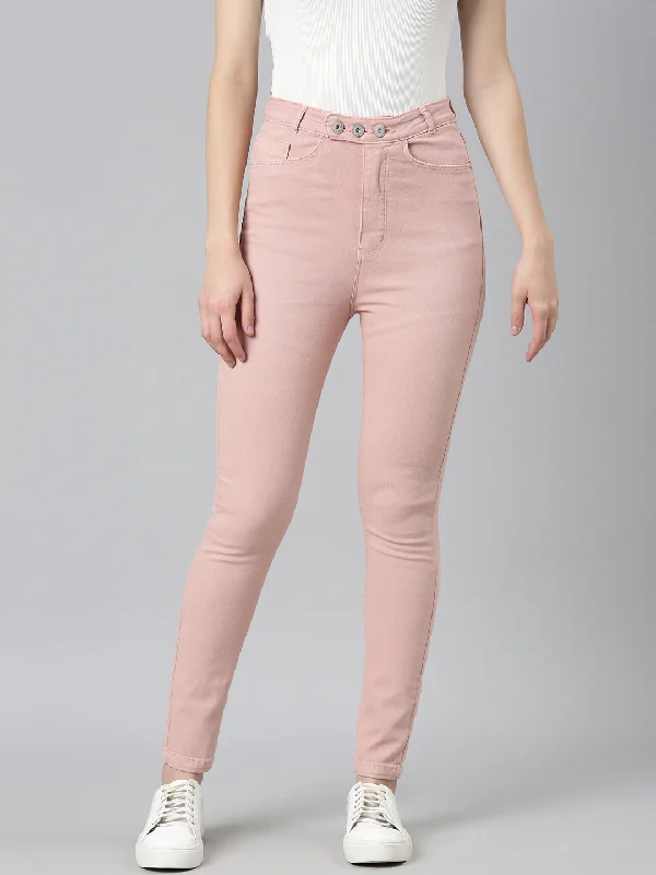 Exquisite Tailoring Women Pink Solid Slim Fit Denim Jeans