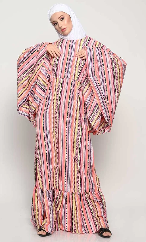 Effortless Dressing Stylish Printed Crepe Abaya with Full Cape Sleeves and Pleated Panel Effortless Dressing Stylish Printed Crepe Abaya with Full Cape Sleeves and Pleated Panel