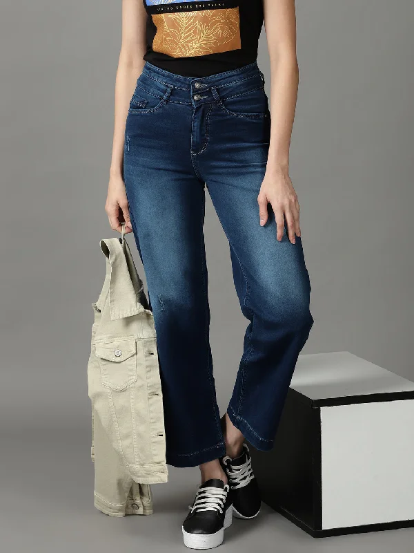 Sweet Breath Women's Navy Blue Solid Straight Fit Denim Jeans