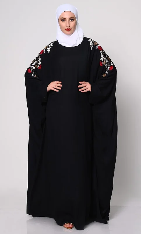 Cool Breeze At Night Beautiful Floral Embroiderd Black Kaftan with Pockets