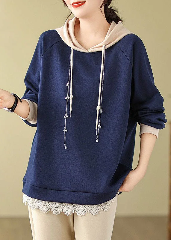 Classic Style Italian Navy Blue Drawstring Lace Patchwork Fleece Hoodie Sweatshirts Long Sleeve Classic Style Italian Navy Blue Drawstring Lace Patchwork Fleece Hoodie Sweatshirts Long Sleeve