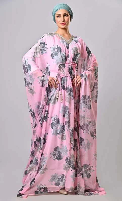 Free Design Modest pink floral printed kaftan abaya with lining and tassels