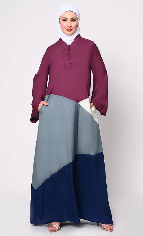 Simple Solid Color Contemporary Elegance: Abaya with Captivating Color-Blocking Panels and Practical Pockets Simple Solid Color Contemporary Elegance: Abaya with Captivating Color-Blocking Panels and Practical Pockets