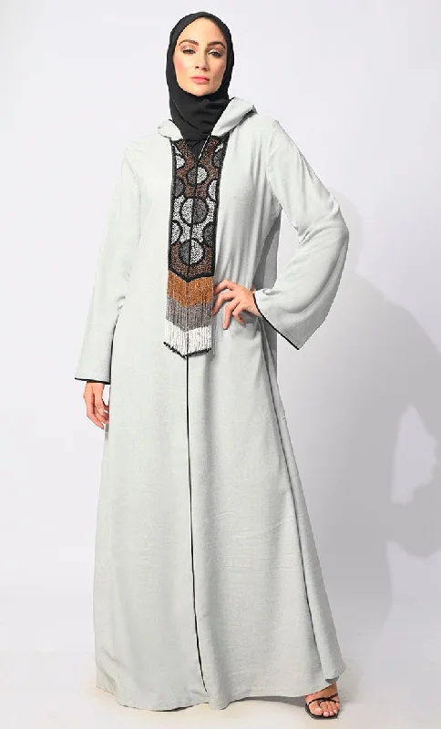 Modern Tailoring Subdued Hues: Muted Bead handwork Hooded Abaya with Tassels
