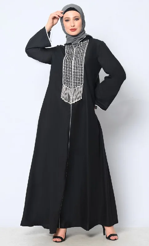 Casual Street Tassel-Adorned Black Hoodie Abaya with Pockets