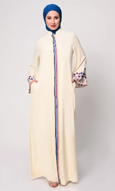 Advanced Customization Sophisticated Hidden Placket Cream Abaya with Silk Embroidery Advanced Customization Sophisticated Hidden Placket Cream Abaya with Silk Embroidery