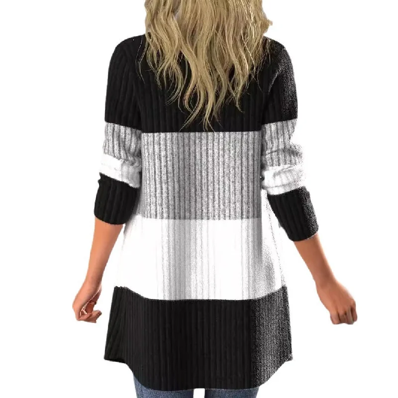Fashionable And Fashionable Women's Casual Long Coat With Contrasting Color Pit Stripe And Open Collar