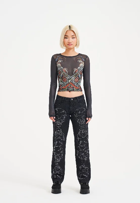 Noble And Elegant Womens Crystal Skull Straight Leg Denim Trousers Jeans - Black