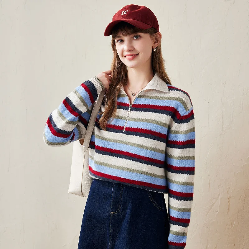 Celebrity Picks 100% Wool Striped Cozy Knit Half-Zip Sweater