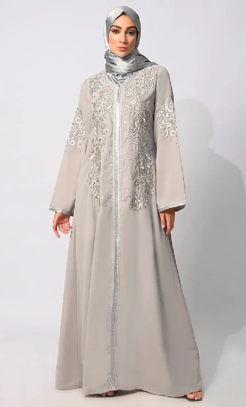 Must-have For Fashion Regal Reverence: Women's Grey Machine Embroidered and Handcrafted Abaya With Hijab Must-have For Fashion Regal Reverence: Women's Grey Machine Embroidered and Handcrafted Abaya With Hijab
