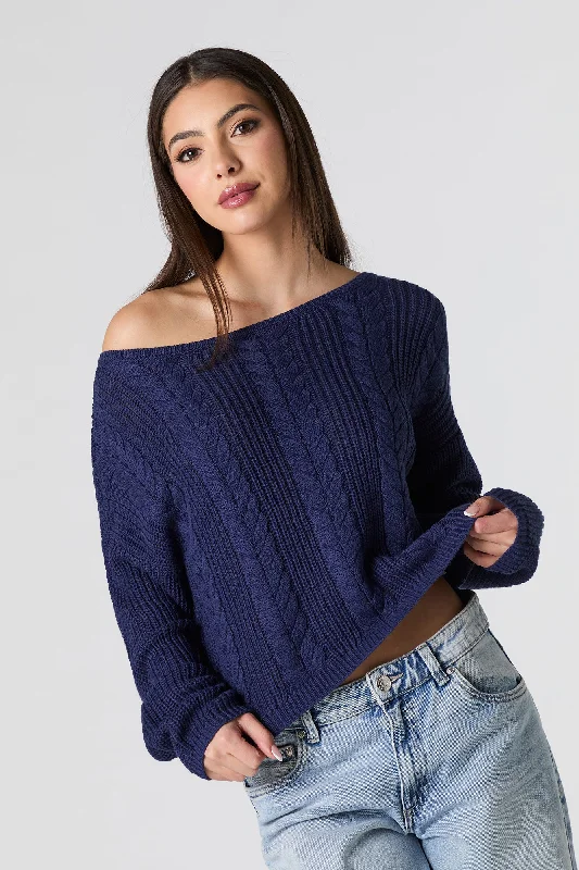 Mid-length Style Cable Knit Off Shoulder Sweater