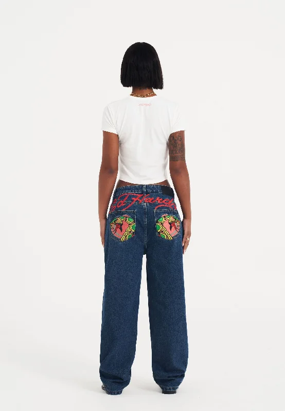 Fresh And Natural Womens Snake Bite Relaxed Denim Trousers Jeans - Indigo