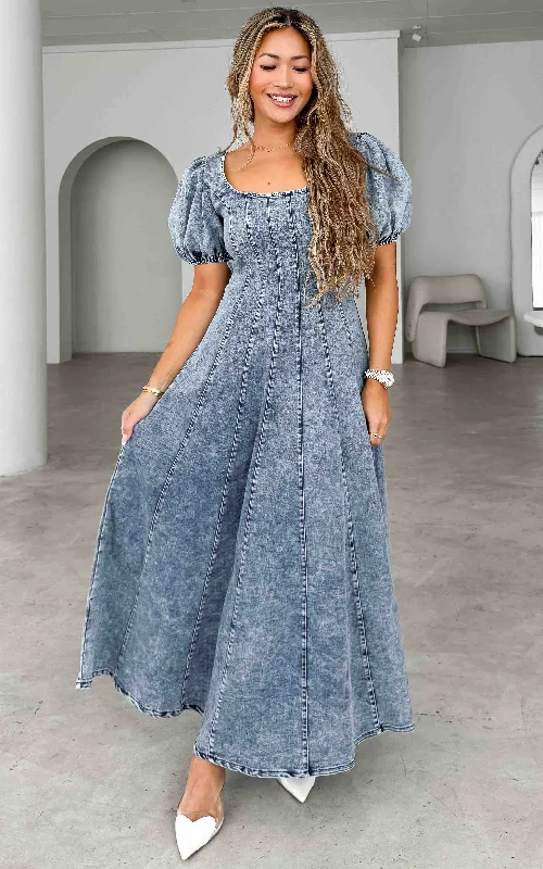 Effortless Dressing Kartford Puff Sleeve Denim Maxi Dress - Blue
