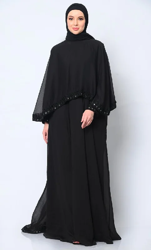 Classic Timeless Beauty: 3Pc Black Embroidered Abaya, Cape, and Dupatta Ensemble