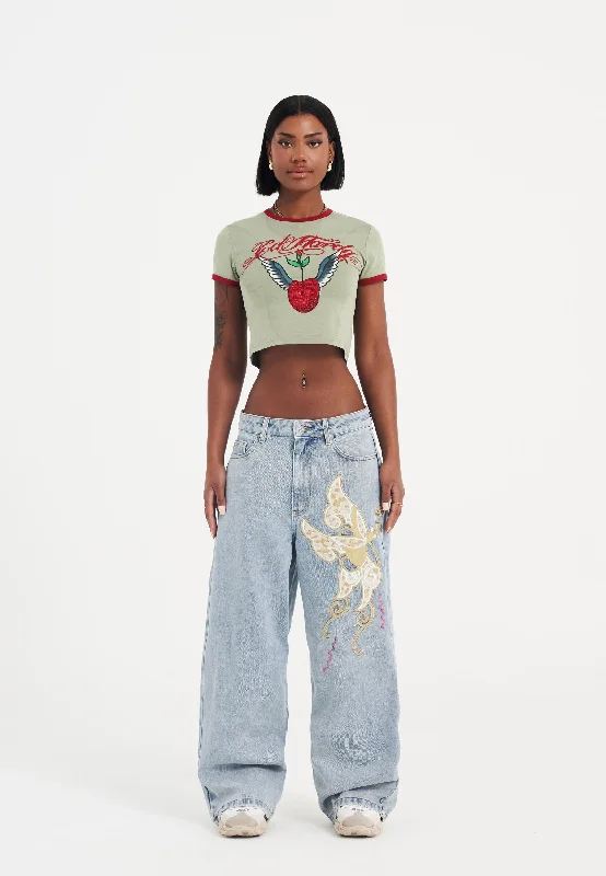 Double-sided Wear Womens Antique Butterfly Xtra Denim Trousers Jeans - Mid Blue