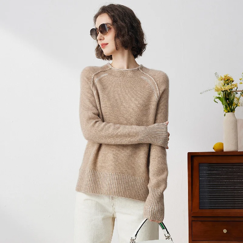 Quality Tailoring 100% Cashmere Crew Neck Unique Seam Sweater