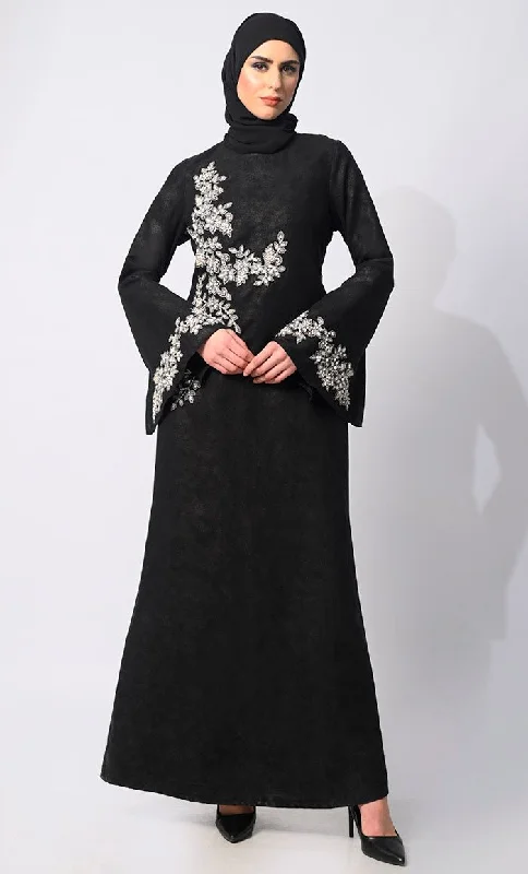 Personalized Wear Pearls of Elegance: Stone Handwork Black Abaya with Belt and Hijab Personalized Wear Pearls of Elegance: Stone Handwork Black Abaya with Belt and Hijab
