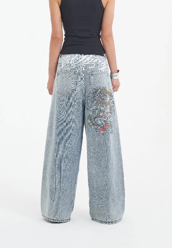 Fashionable And Versatile Womens Eagle Skull Diamante Xtra Denim Trousers Jeans - Bleach