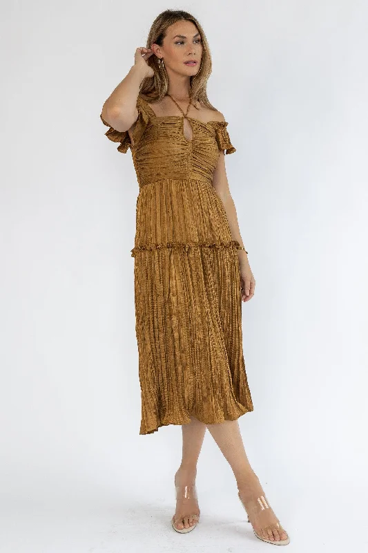 Classic Retro Ruche Me Right Golden Midi Dress - Final Sale