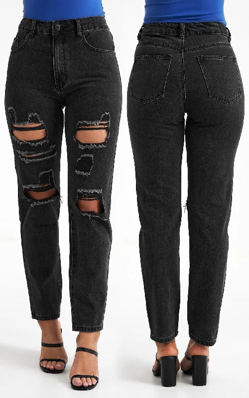 Comfortable And Casual Maldives Distressed Ripped Mom Jeans - Charcoal Black