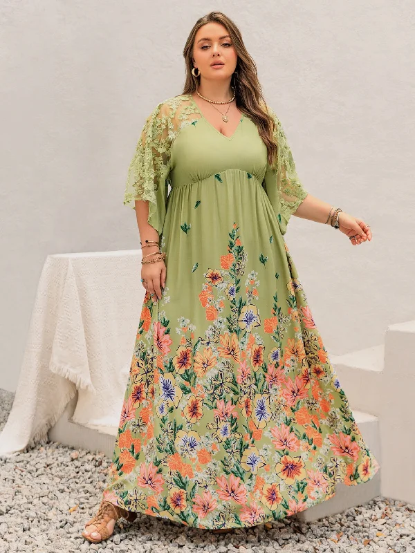 Thin Design Plus Size Lace Detail Floral Half Sleeve Dress